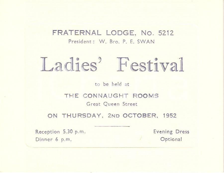 Oggetto da collezione cartaceo 1952 LONDON MASSONERIA Fraternal Lodge 5212 Ladies  Festival at CONNAUGHT ROOM 2 1