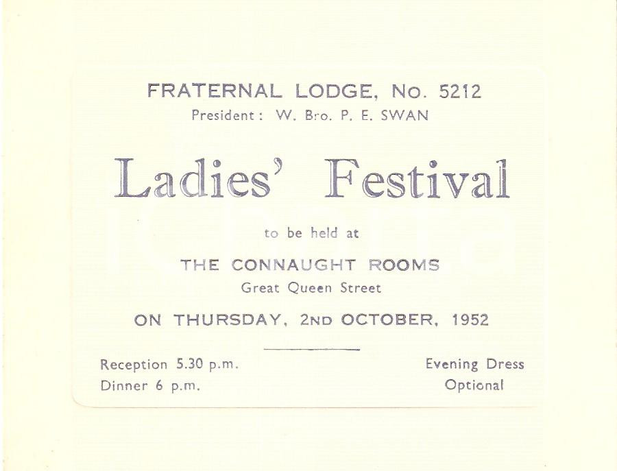 Oggetto da collezione cartaceo 1952 LONDON MASSONERIA Fraternal Lodge 5212 Ladies  Festival at CONNAUGHT ROOM 1 1