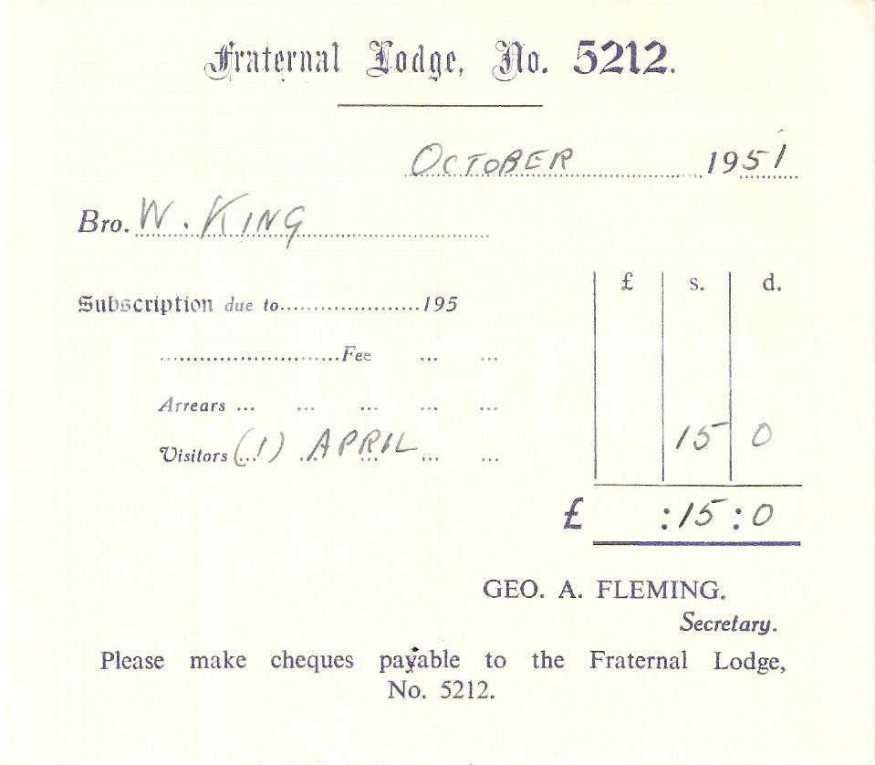 Oggetto da collezione cartaceo 1951 UK MASSONERIA Fraternal Lodge 5212 Fidelis et Constans Ricevuta 2 1