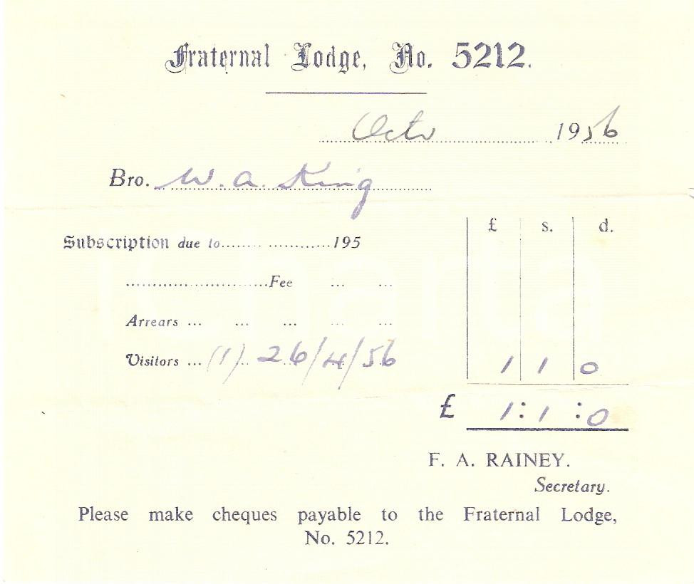 Oggetto da collezione cartaceo 1951 UK MASSONERIA Fraternal Lodge 5212 Fidelis et Constans Ricevuta 1 1