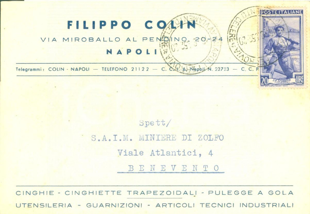 Cartolina originale da collezione 1952 NAPOLI Filippo COLIN cinghierie cinghiette trapezoidali Cartolina FG VG 1