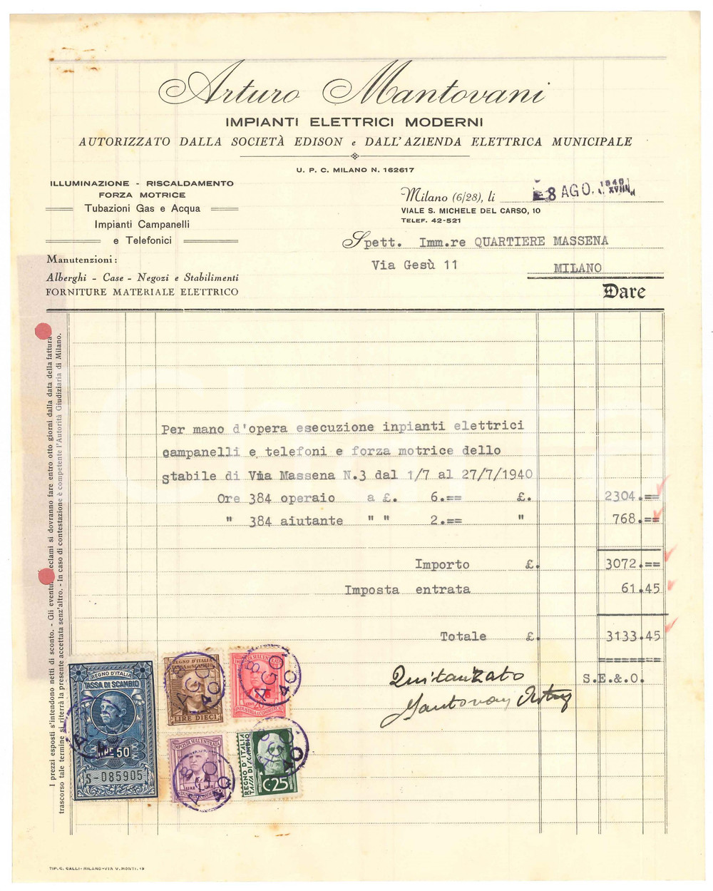 Documento originale, autentico 1940 MILANO Arturo MANTOVANI Impianti elettrici moderni  EDISON Fattura 1