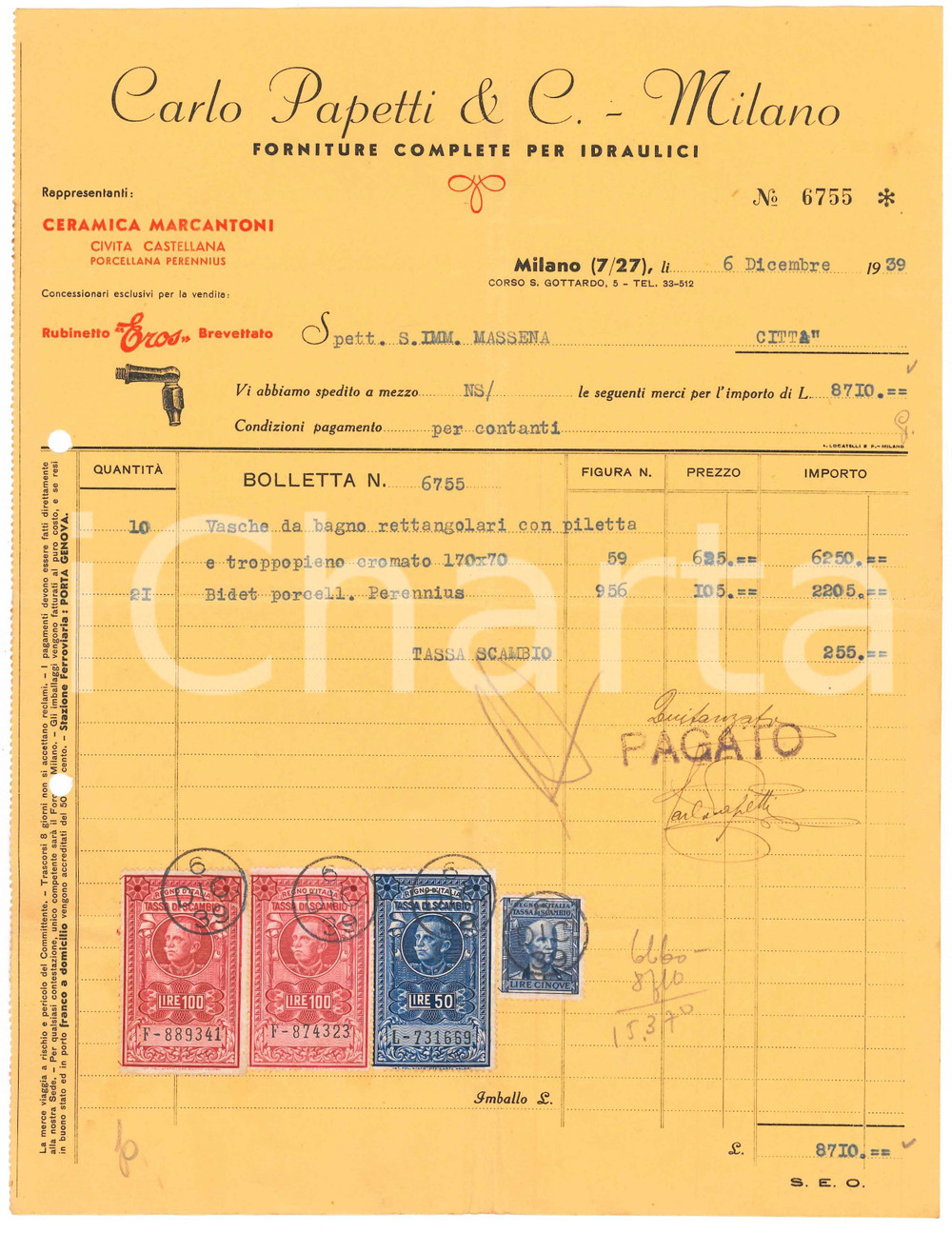 Documento originale, autentico 1939 MILANO corso S. Gottardo  Carlo PAPETTI Forniture idraulici Fattura 1