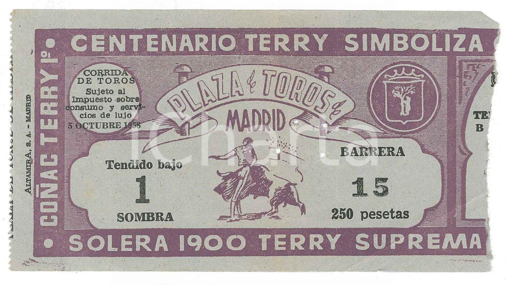 Oggetto da collezione cartaceo 1958 MADRID Plaza de Toros  Biglietto corrida  Centenario Cognac TERRY 1