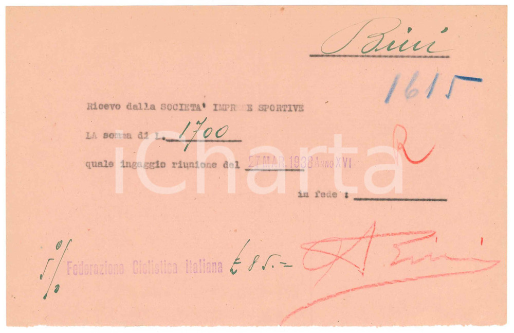 Autografo originale 1938 CICLISMO MILANO Ricevuta Aldo BINI  Ingaggio riunione AUTOGRAFO 1