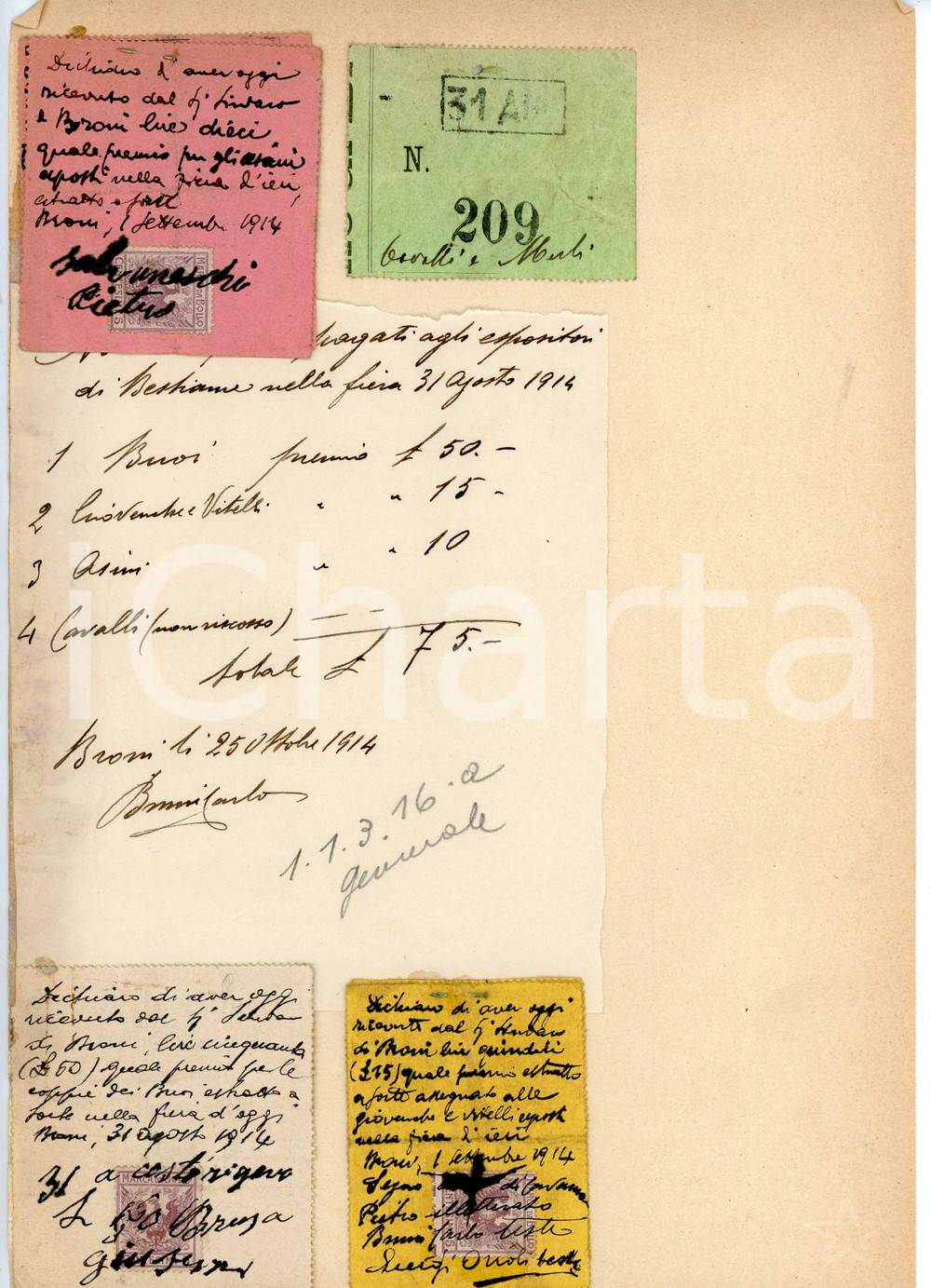 Agosto 1914 BRONI (PV) Fiera del bestiame - Nota dei premi pagati con ricevute Documento d'epoca.  CONDIZIONI:FAIR/discreto Bruniture e segni d'usura, increspatura al margine sinistro dovuto alla collaFORMATO: 21x31 cm originale e autentica 1