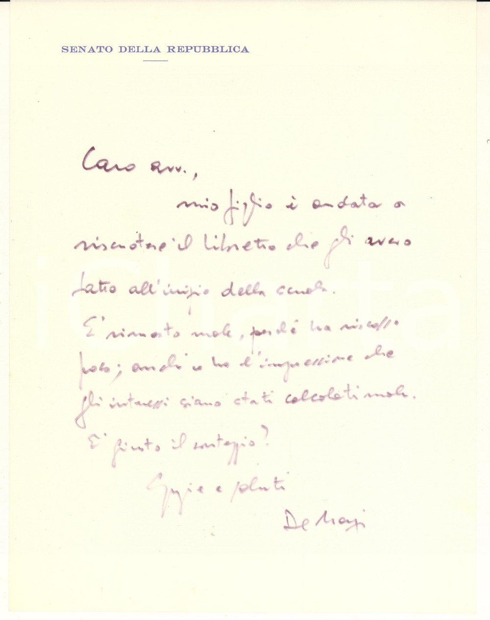 Autografo originale 1975 ca ROMA On. Fernando DE MARZI e la riscossione del figlio  Autografo 1
