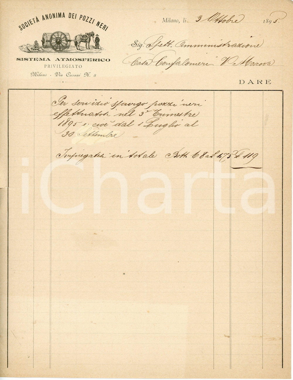 1893 MILANO Società anonima dei pozzi neri - Fattura per spurghi 21x28 cm Documento d'epoca.  CONDIZIONI:FAIR/discreto Bruniture, piegatura centrale d'epoca, strappi ai margini in corrispondenza delle piegatureFORMATO: 21x28 cm originale e autentica 1