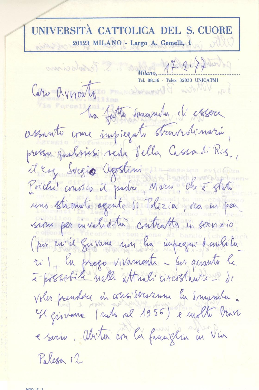Autografo originale 1977 MILANO Lettera Ezio FRANCESCHINI pro giovane impiegato  AUTOGRAFO 1
