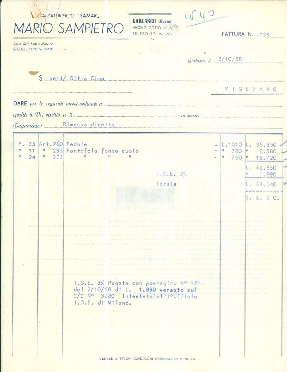 Materiale pubblicitario d’epoca 1958 GARLASCO PV Calzaturificio SAMAR Mario SAMPIETRO Fattura intestata 1