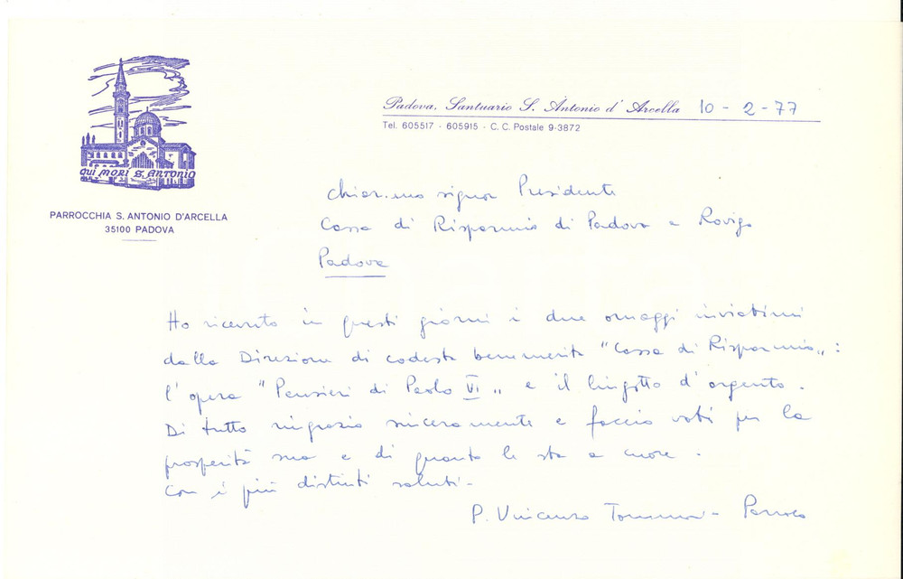 Autografo originale 1977 PADOVA S. Antonio d Arcella  Lettera padre Vincenzo TOMMASI  AUTOGRAFO 1