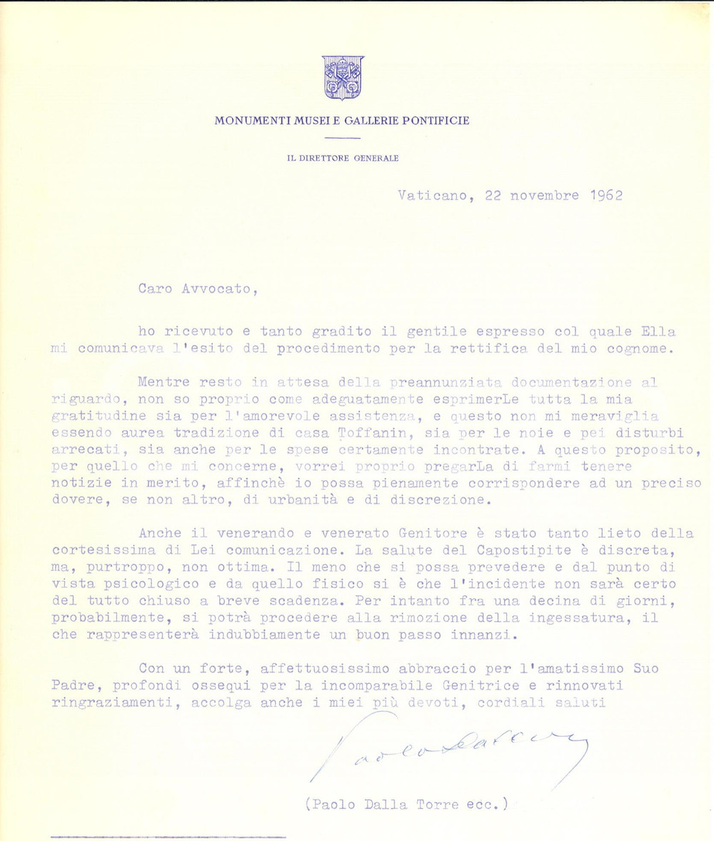 Autografo originale 1962 Lettera Paolo DALLA TORRE direttore Musei e Gallerie Pontificie  AUTOGRAFO 1