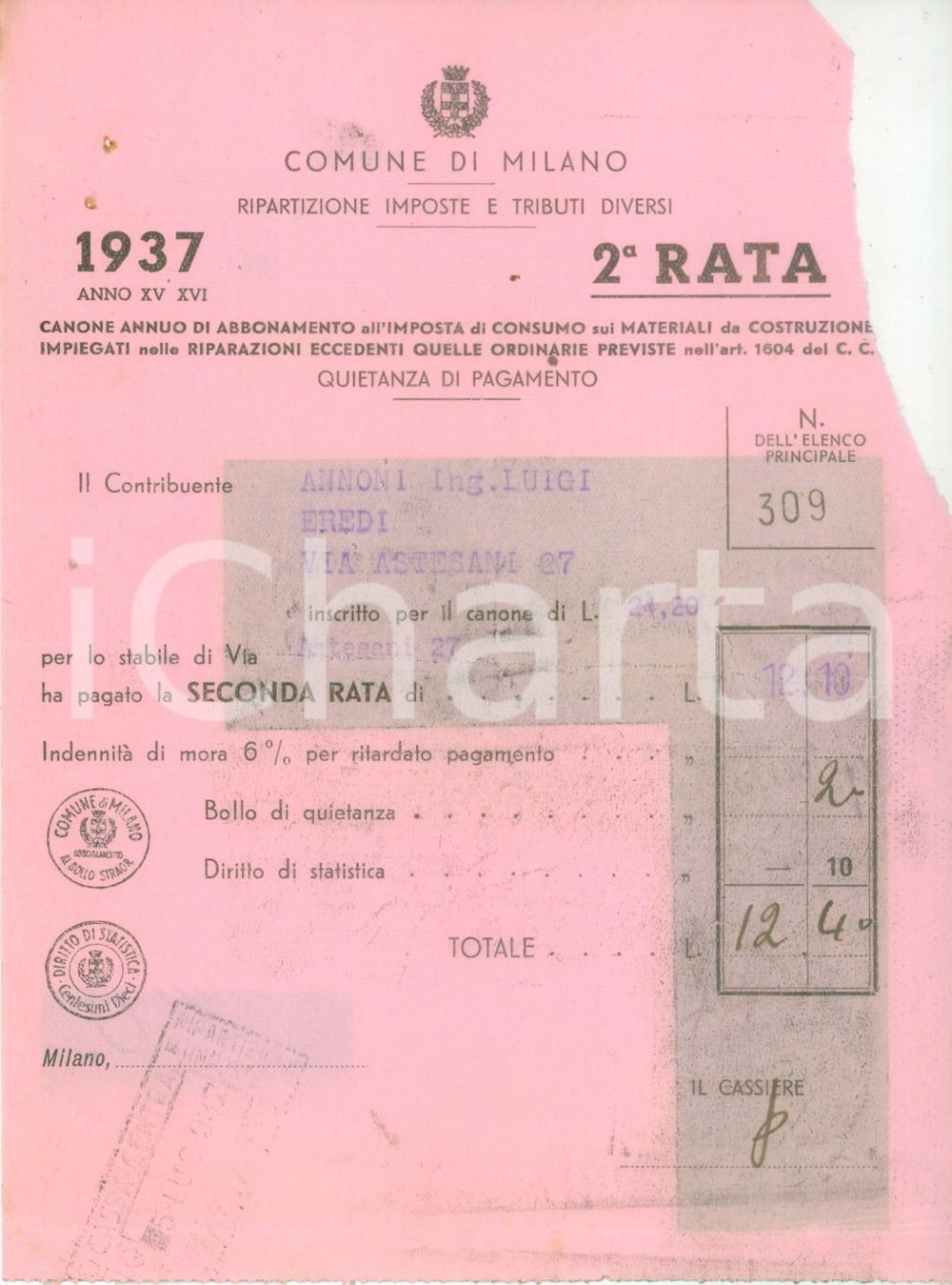Documento originale, autentico 1937 MILANO Cassa Risparmio Provincie Lombarde Cartella pagamenti 4 1