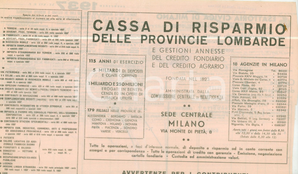 Documento originale, autentico 1937 MILANO Cassa Risparmio Provincie Lombarde Cartella pagamenti 2 1