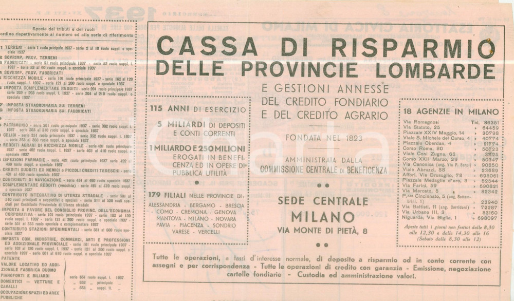 Documento originale, autentico 1937 MILANO Cassa Risparmio Provincie Lombarde Cartella pagamenti 3 1