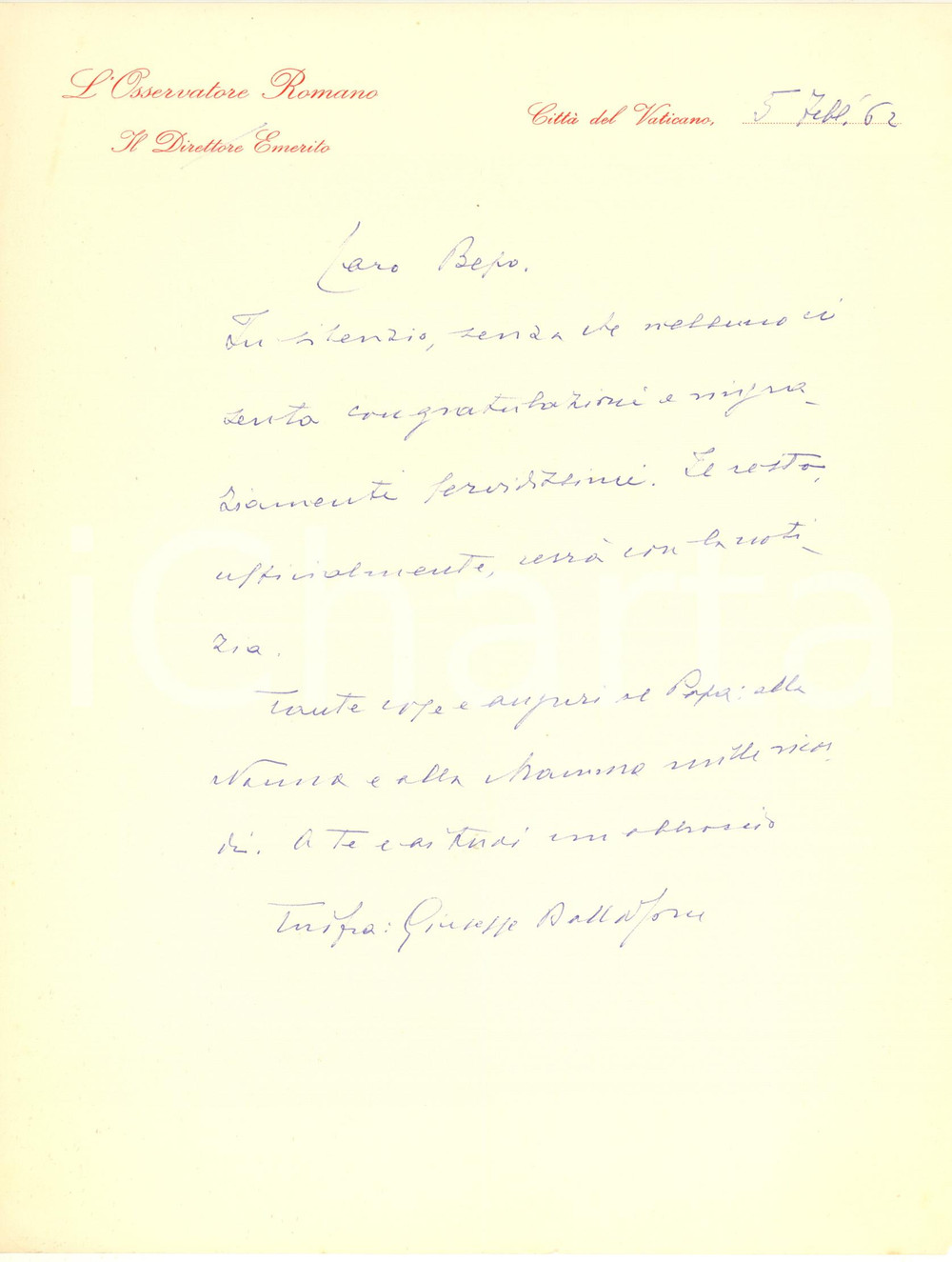 Autografo originale 1962 ROMA L OSSERVATORE ROMANO Congratulazioni Giuseppe DALLA TORRE Autografo 1
