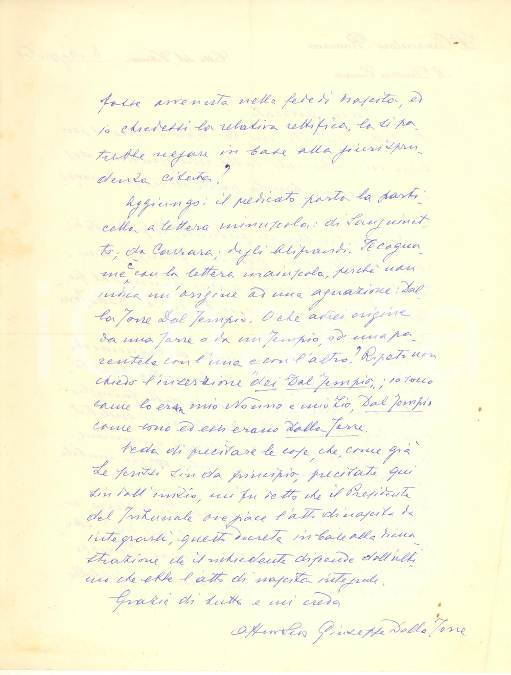 Autografo originale 1961 ROMA Giuseppe DALLA TORRE su cognome e nobiltà della famiglia  Autografo 1