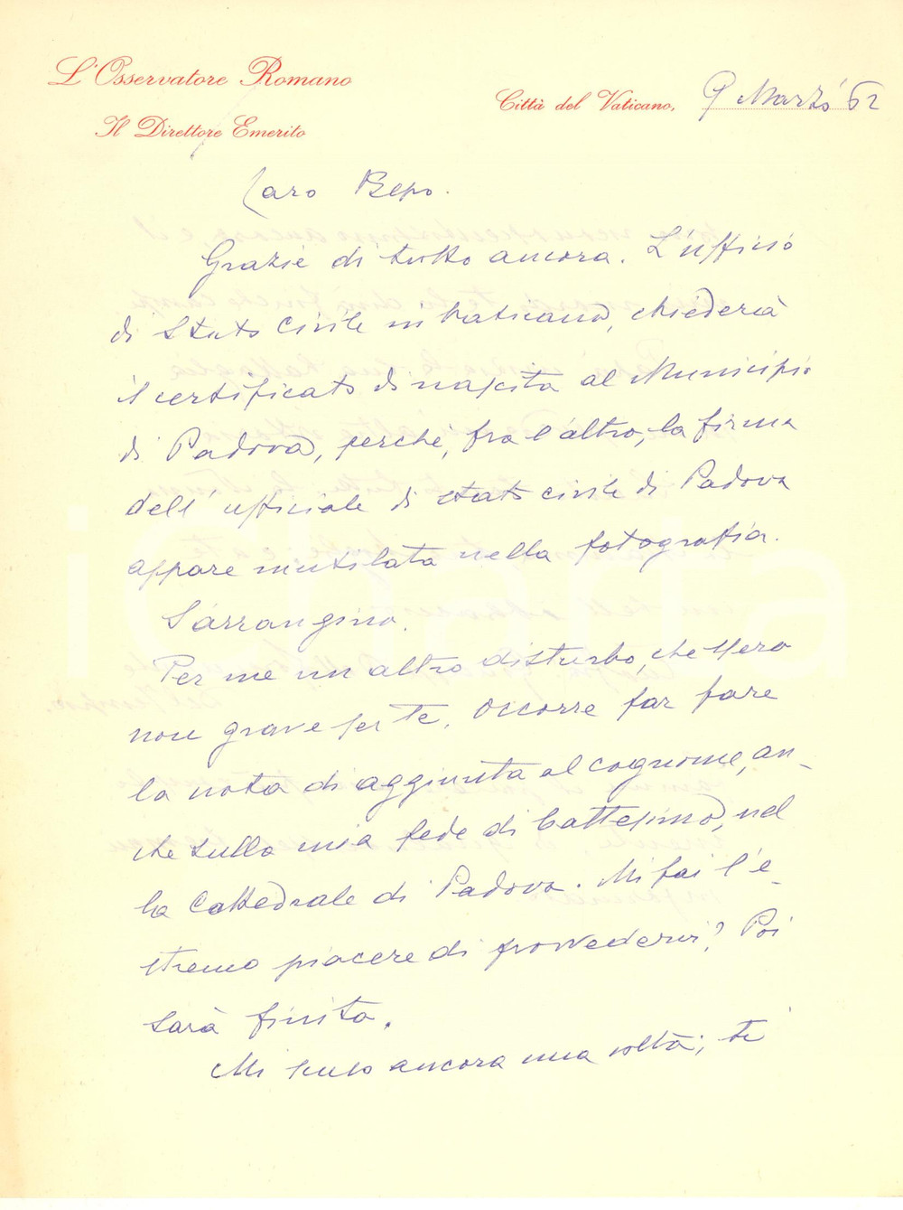Autografo originale 1962 ROMA Lettera Giuseppe DALLA TORRE su integrazione del cognome  Autografo 1