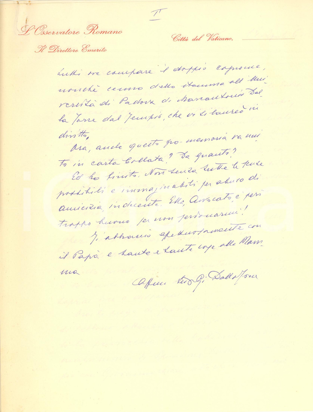 Autografo originale 1961 ROMA Lettera Giuseppe DALLA TORRE sul cognome di famiglia  Autografo 1