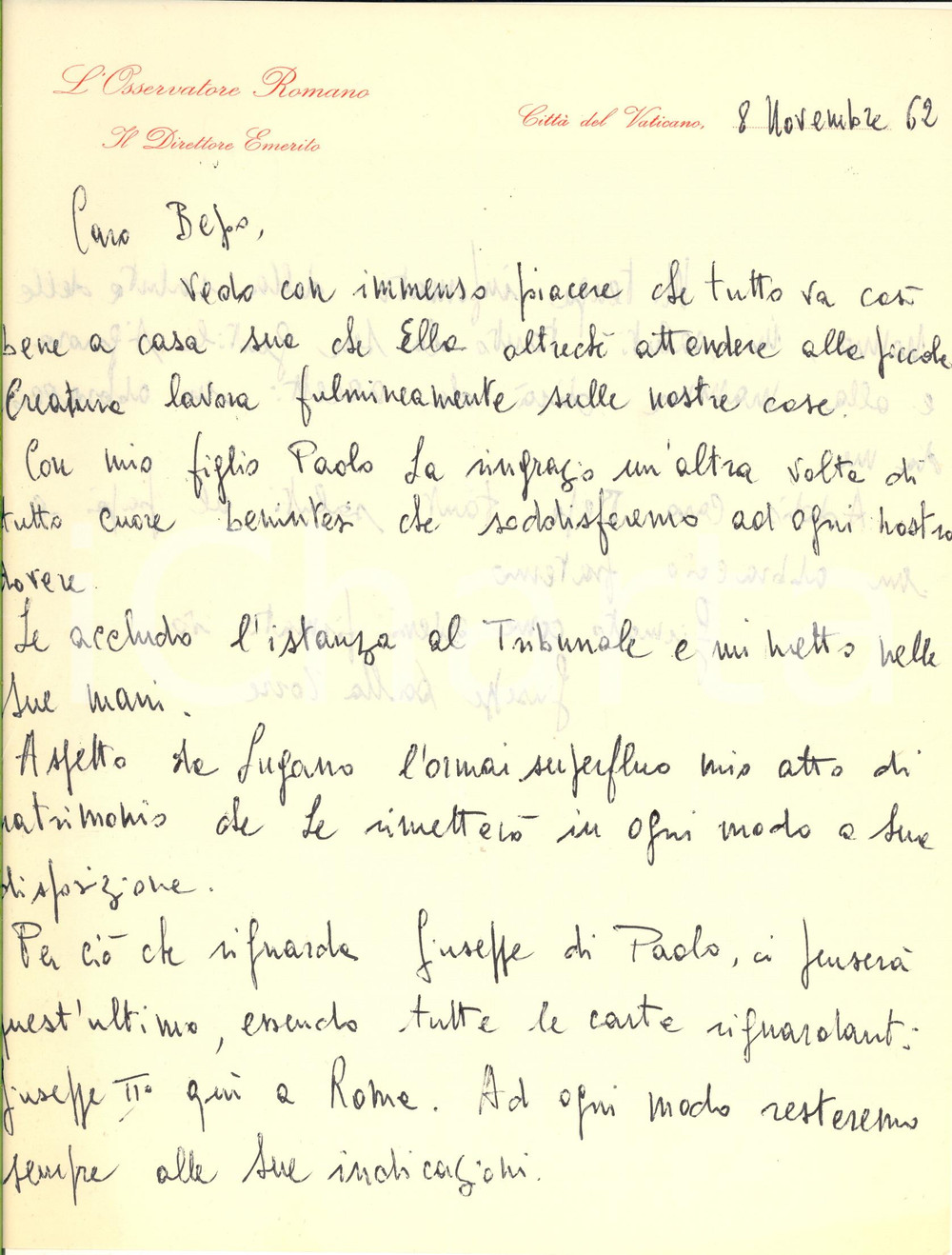 Autografo originale 1961 L Osservatore Romano  Lettera Giuseppe DALLA TORRE  Autografo 1