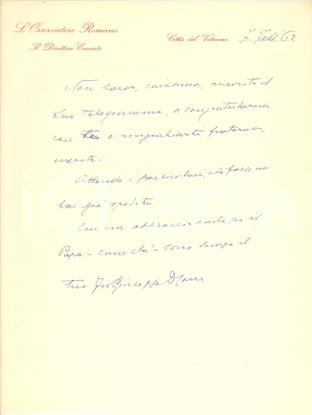 Autografo originale 1962 L Osservatore Romano  Lettera Giuseppe DALLA TORRE per congratulazioni 1
