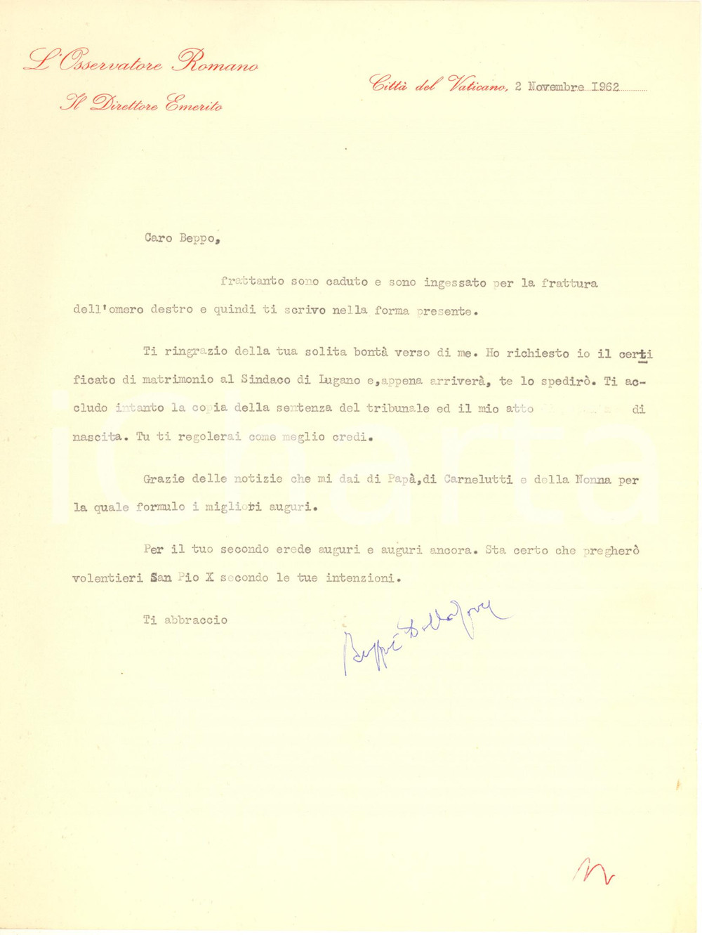 Autografo originale 1962 L Osservatore Romano  Lettera Giuseppe DALLA TORRE Autografo 1