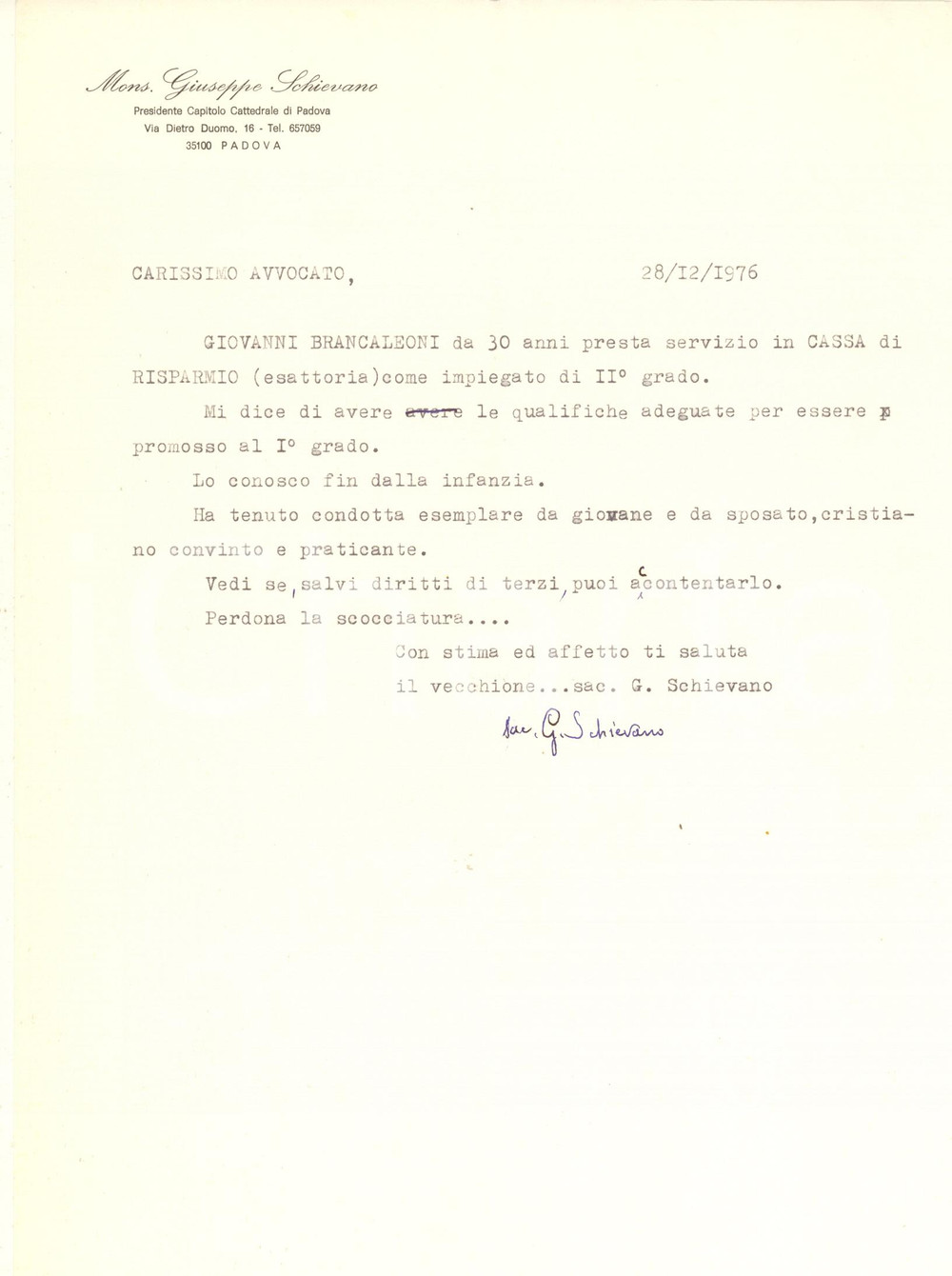 Autografo originale 1976 PADOVA Mons. Giuseppe SCHIEVANO  Lettera per un amico AUTOGRAFO 1