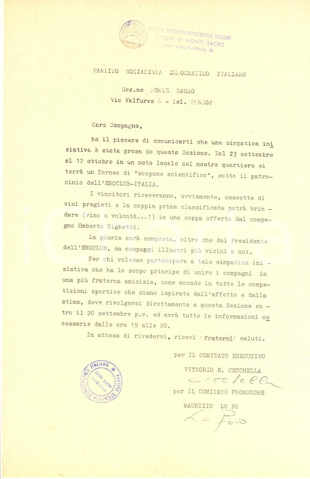 Materiale pubblicitario d’epoca 1975 ca PSDI ROMA Sezione MONTE SACRO  Volantino torneo scopone scientifico 1