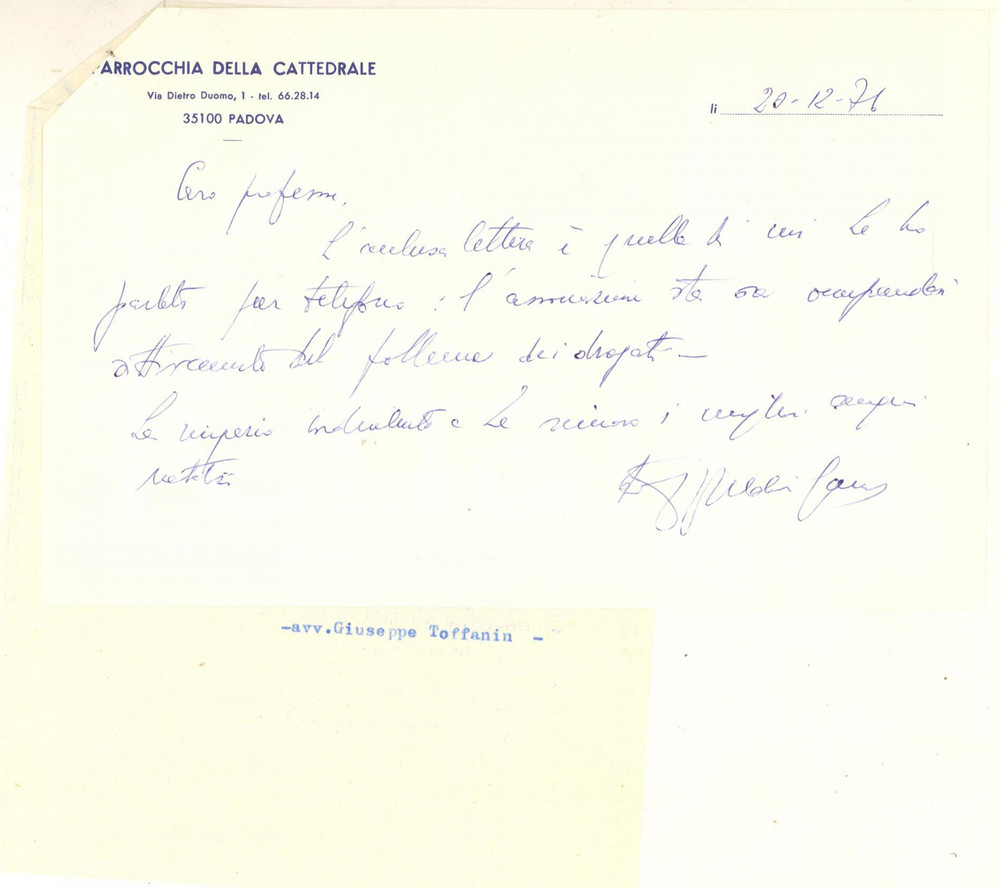 Autografo originale 1976 PADOVA Mons. Ulderico GAMBA  Associazione aiuto ai drogati AUTOGRAFO 1