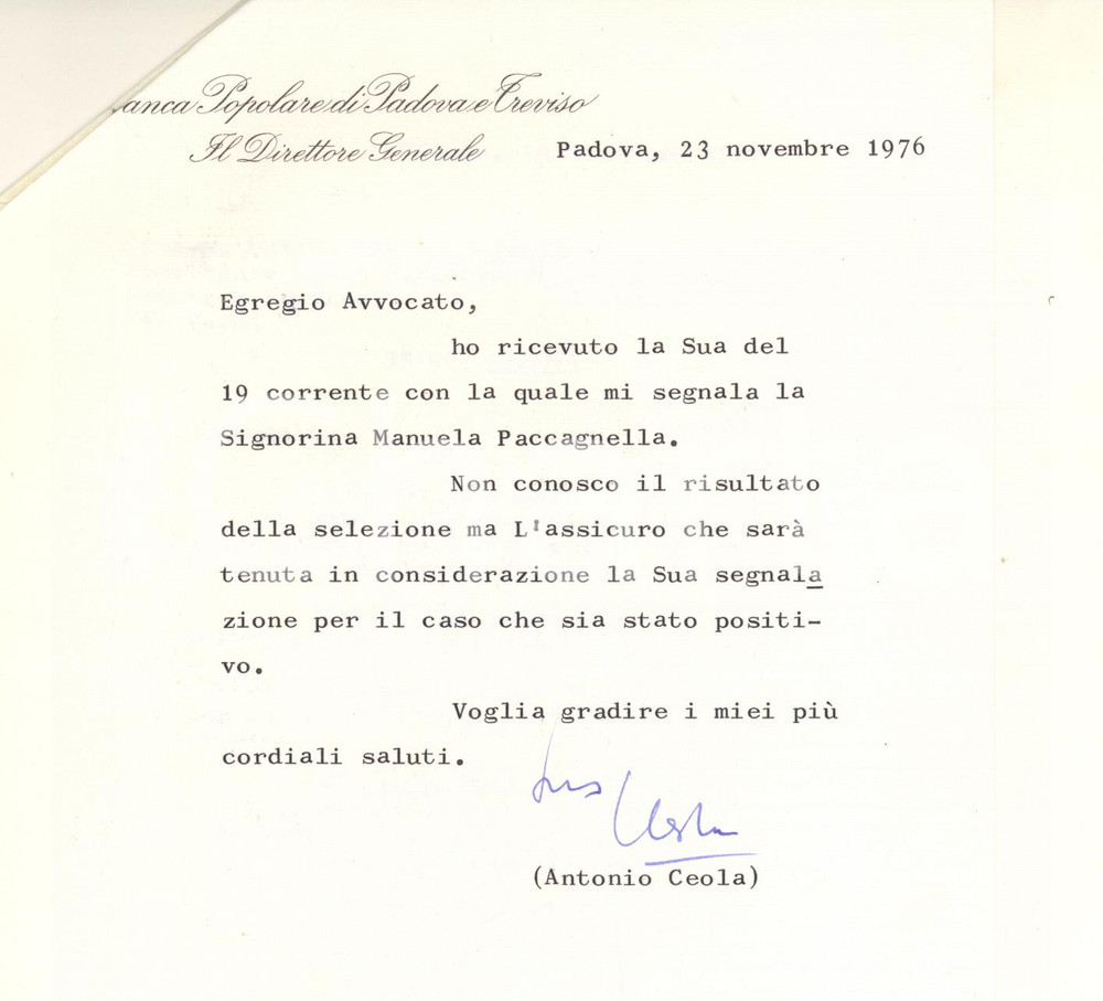 Autografo originale 1976 Banca Popolare PADOVA E TREVISO Lettera Antonio CEOLA direttore AUTOGRAFO 1