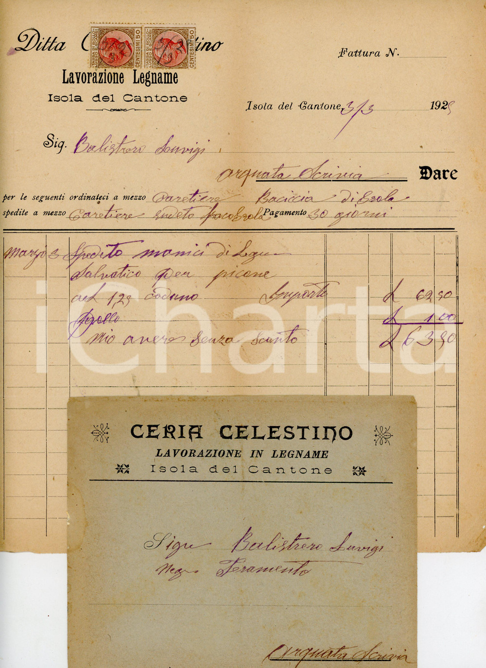 1925 ISOLA DEL CANTONE Celestino CERIA Lavorazione legname - Fattura con busta Documento d'epoca, con busta. CONDIZIONI:FAIR/discreto Piegature centrali d'epoca, bruniture, gualciture agli angoliFORMATO: 23x24  cm originale e autentica 1