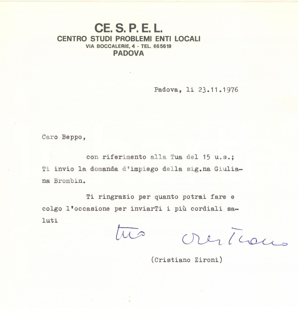 Autografo originale 1976 PADOVA Lettera Cristiano ZIRONI  CE.S.P.E.L. AUTOGRAFO 1