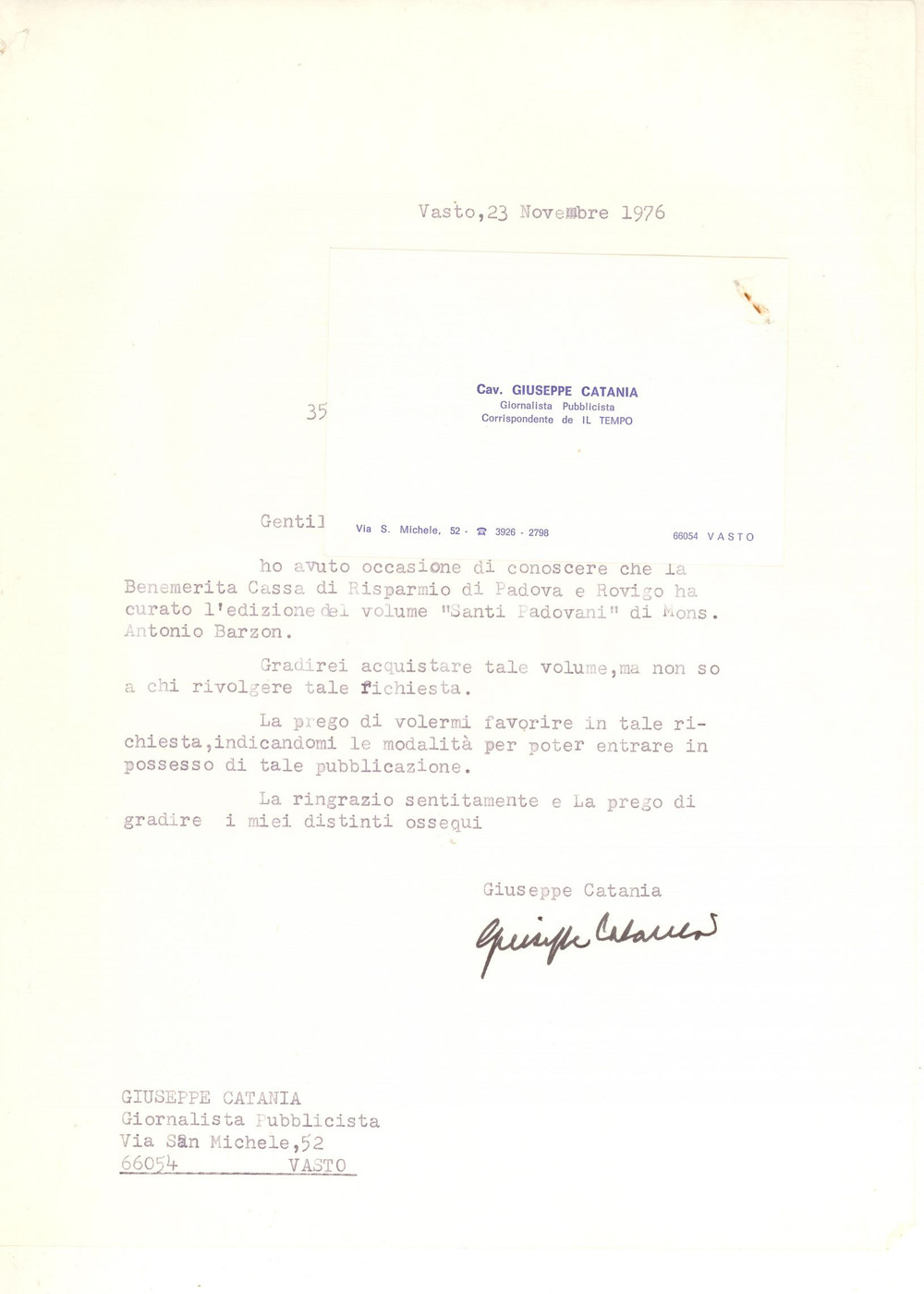 Autografo originale 1976 VASTO Lettera Giuseppe CATANIA giornalista de Il Tempo AUTOGRAFO 1