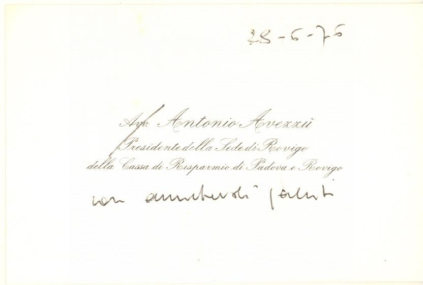 Autografo originale 1976 ROVIGO Antonio AVEZZU  Cassa Risparmio Padova e Rovigo Biglietto autografo 1