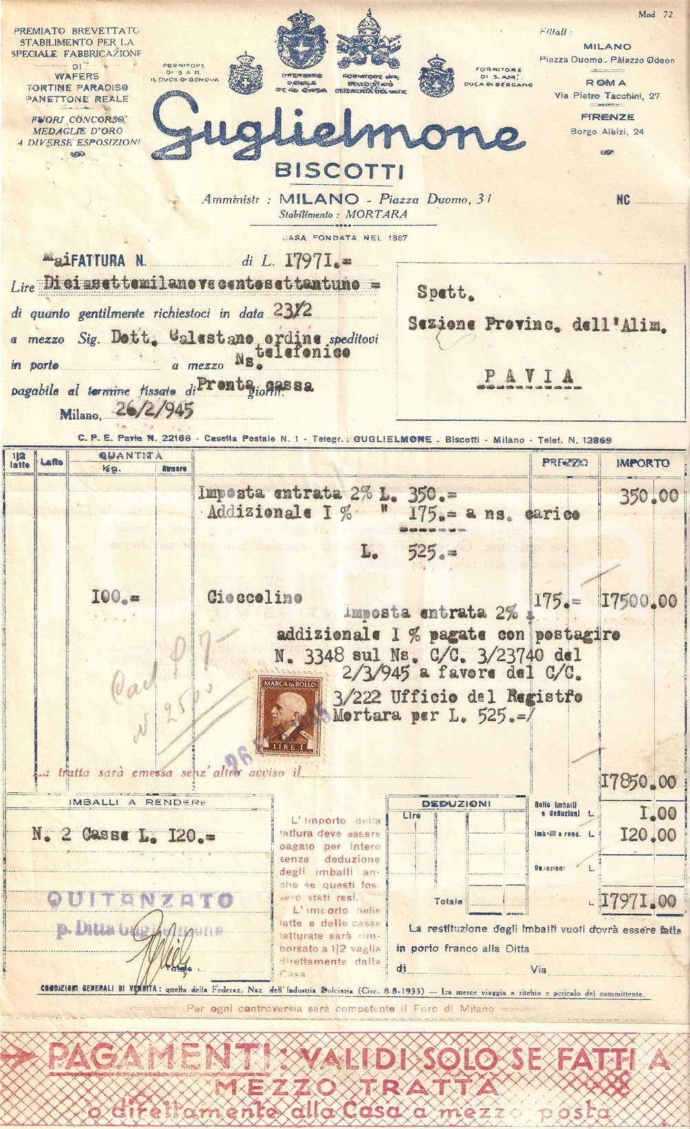 Documento originale, autentico 1945 MILANO Biscotti GUGLIELMONE Stabilimento MORTARA Panettone Reale Fattura 2 1