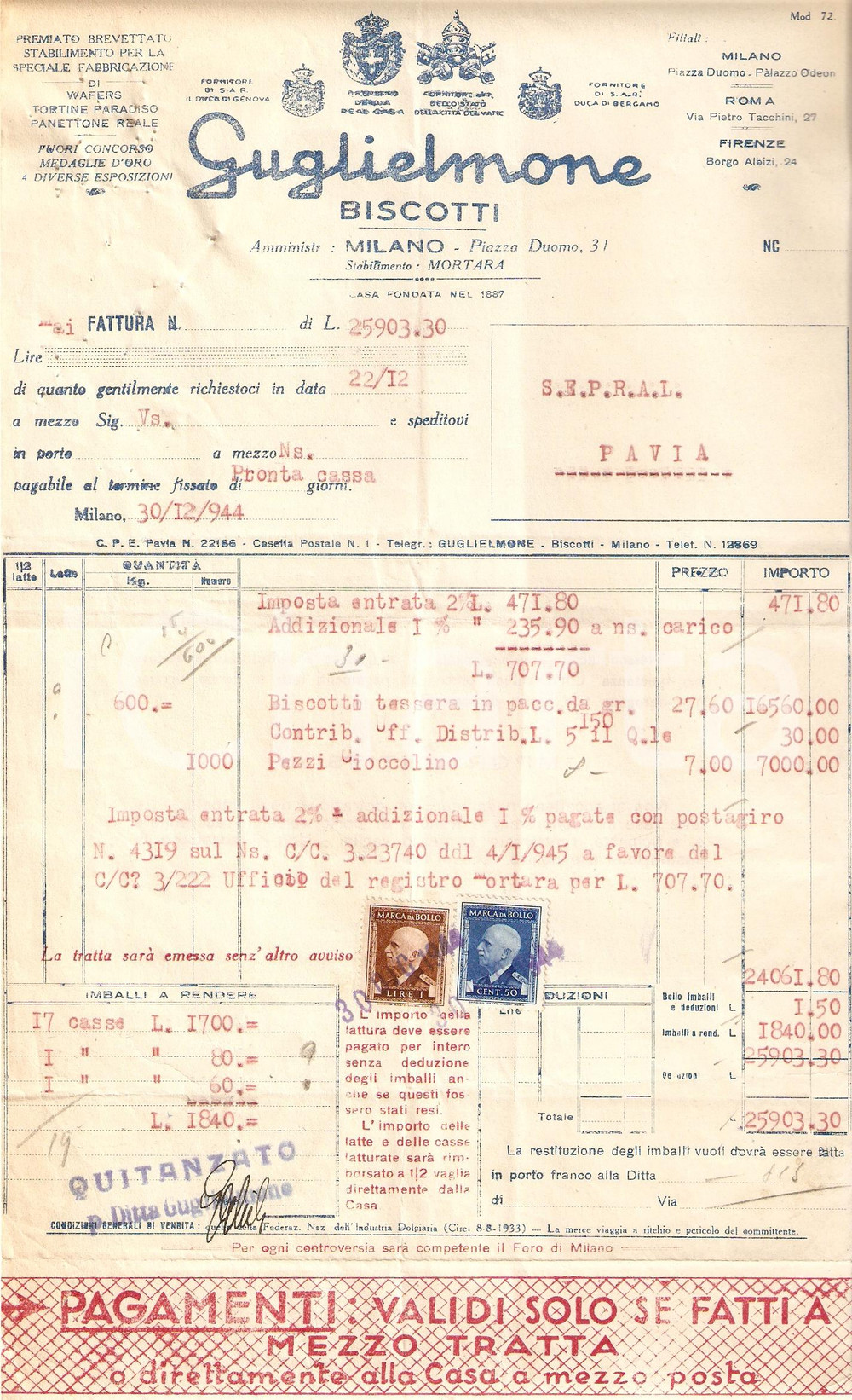 Documento originale, autentico 1945 MILANO Biscotti GUGLIELMONE Stabilimento MORTARA Panettone Reale Fattura 3 1