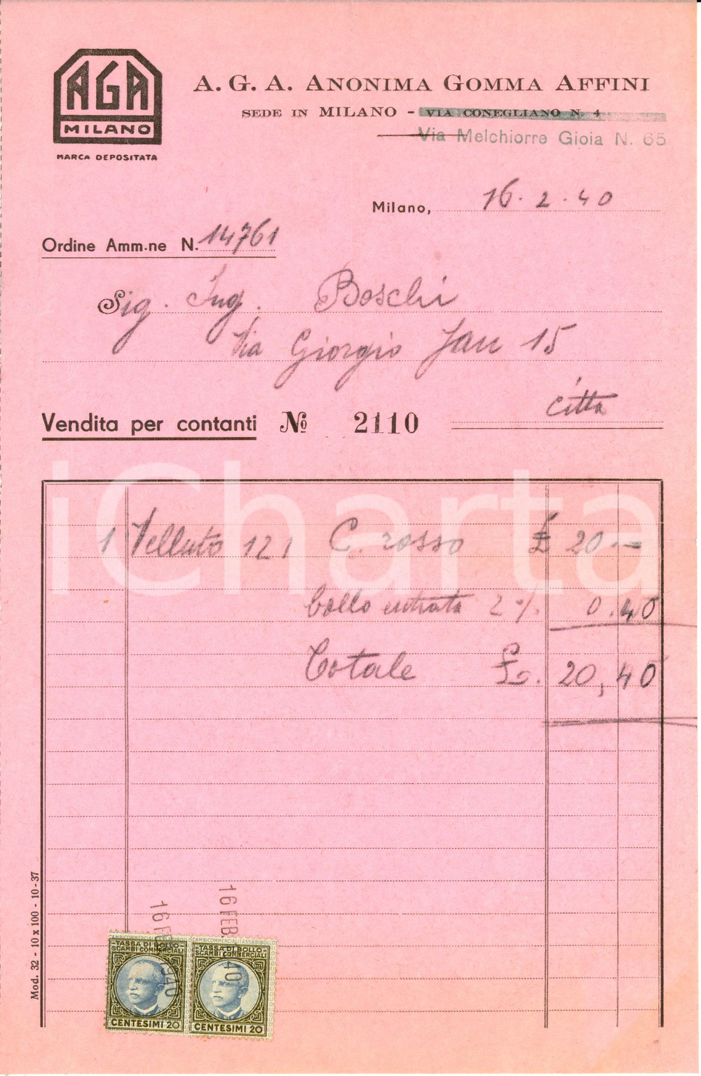 Documento originale, autentico 1940 MILANO Ditta Anonima GOMMA AFFINI  Fattura Commerciale 1
