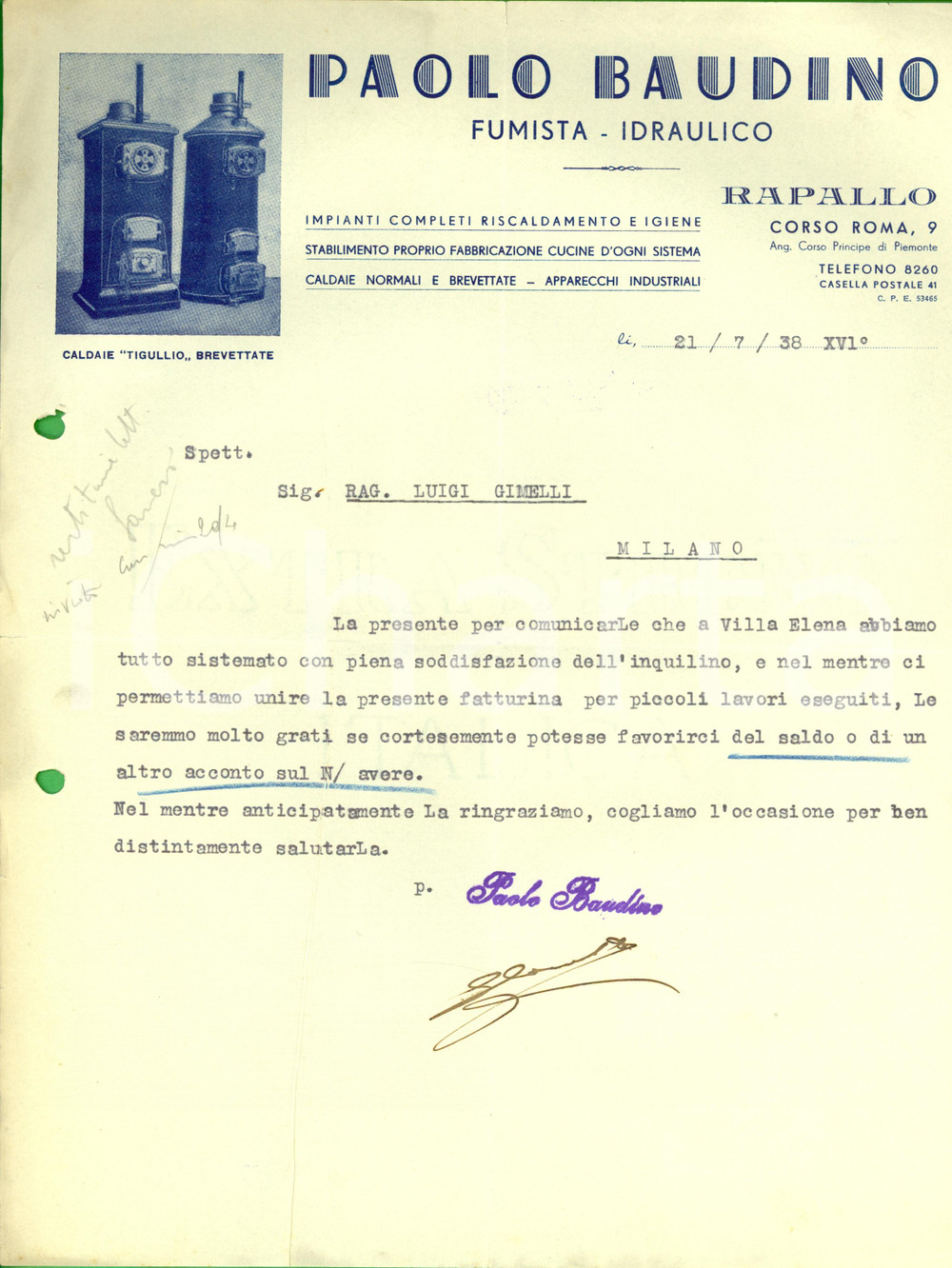 Documento originale, autentico 1938 RAPALLO Paolo BAUDINO Idraulico Caldaie TIGULLIO Lettera commerciale 2 1