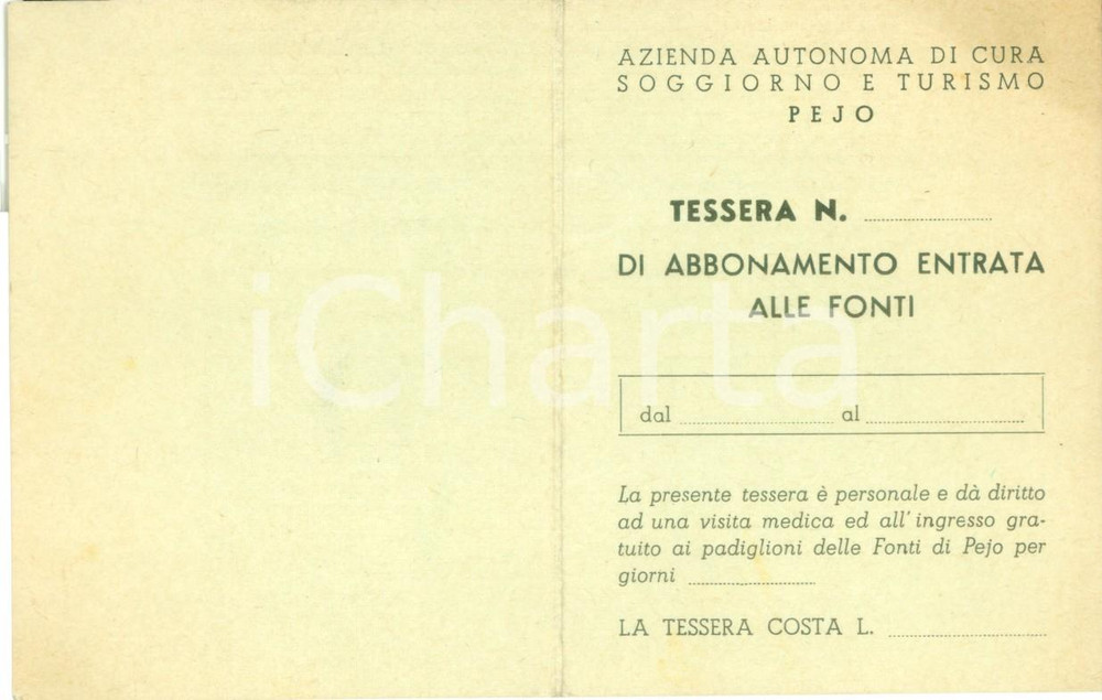 Oggetto da collezione cartaceo 1950 ca PEIO TN Tessera di abbonamento entrata a Fonti Termali 1
