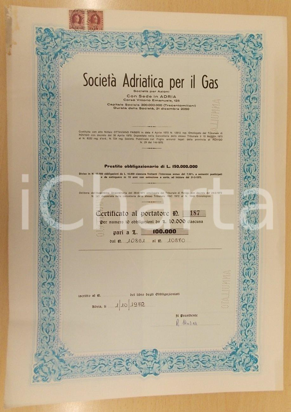 Oggetto da collezione cartaceo 1972 ADRIA RO Società Adriatica Gas Certificato azionario con 17 CEDOLE 3 1