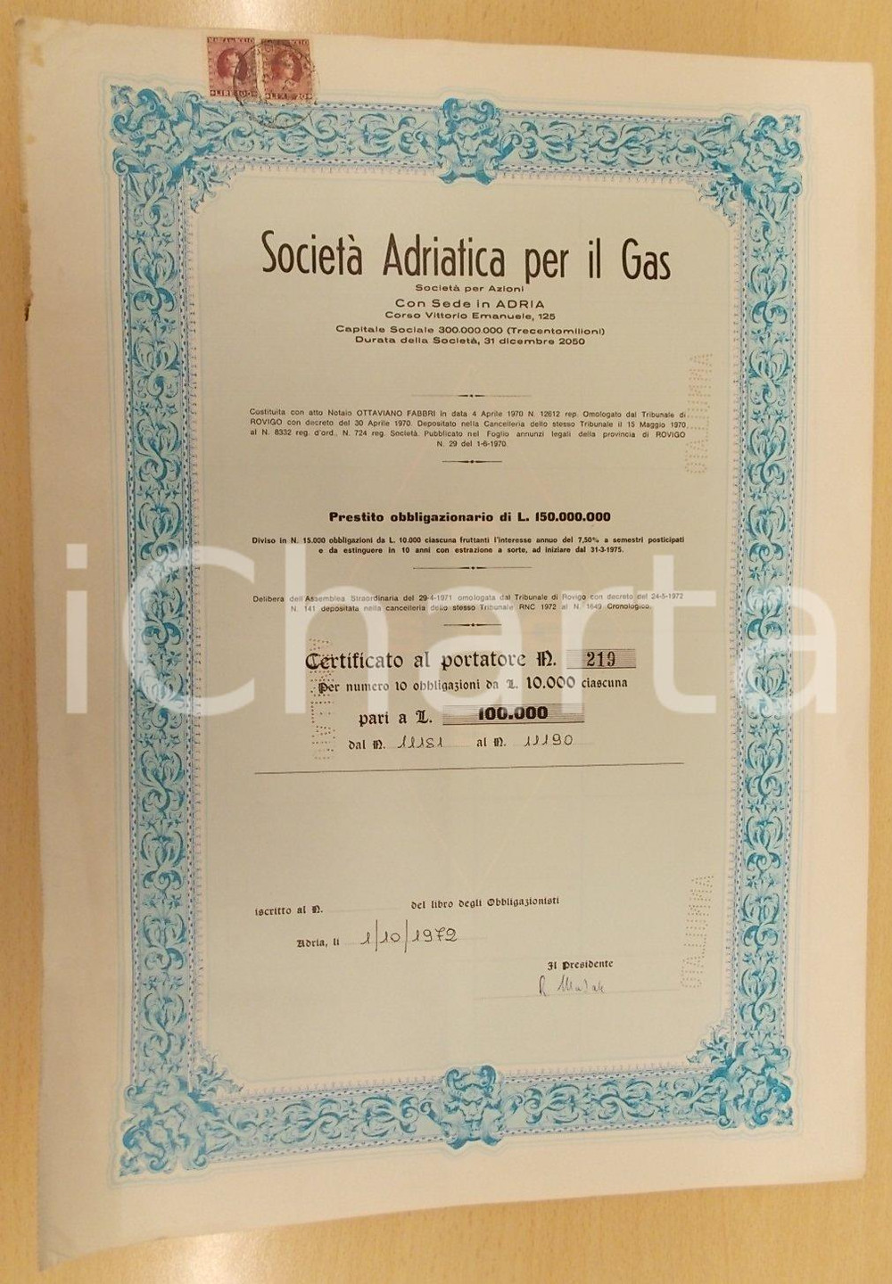 Oggetto da collezione cartaceo 1972 ADRIA RO Società Adriatica Gas Certificato azionario con 17 CEDOLE 2 1