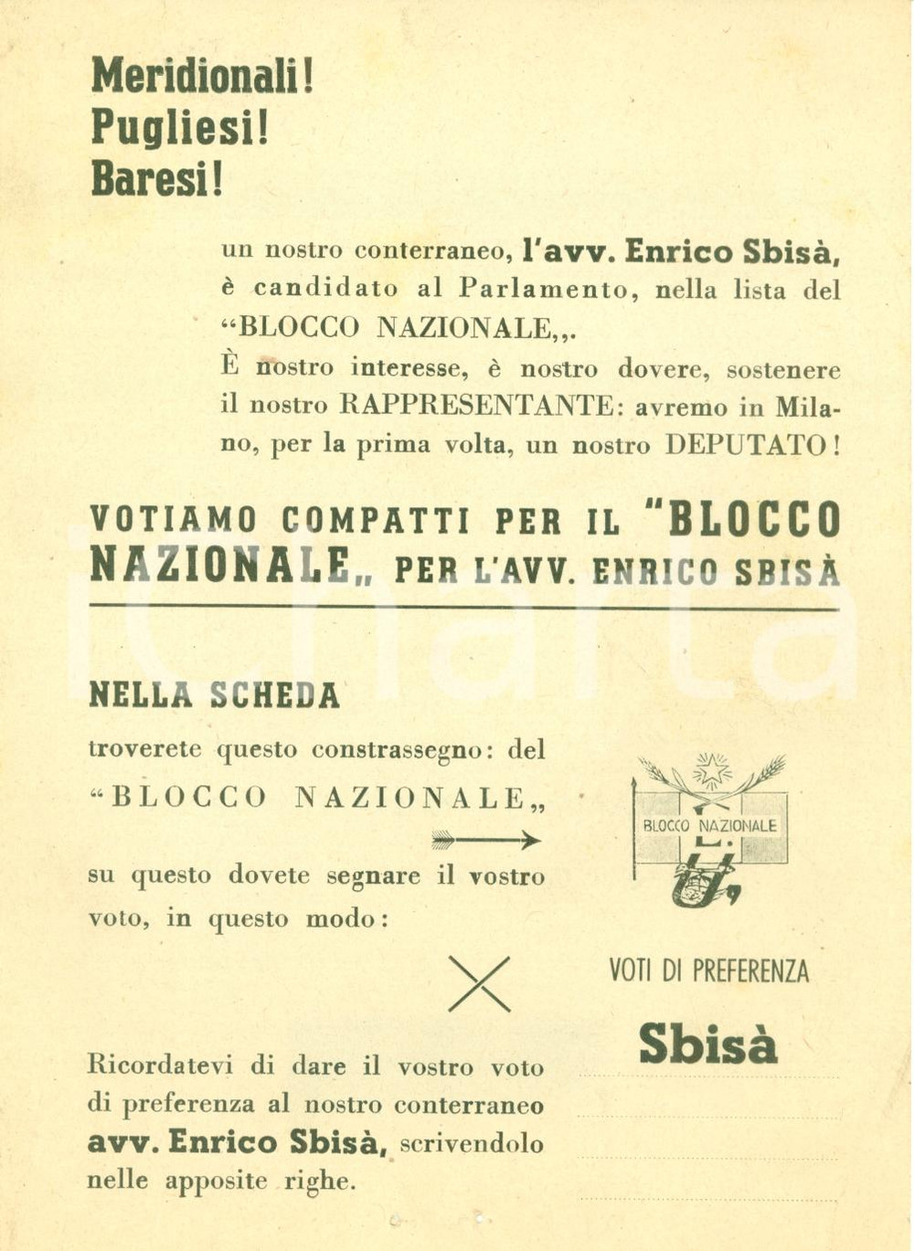 Materiale pubblicitario d’epoca 1948 BARI Meridionali votate Enrico SBISA  Blocco Nazionale Volantino 1