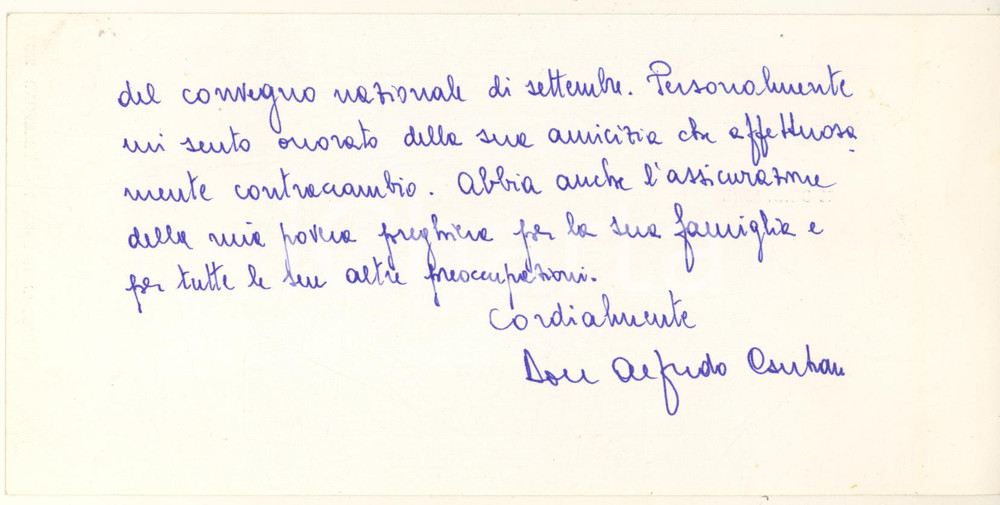 Autografo originale 1976 LA DIFESA DEL POPOLO Don Alfredo CONTRAN  Biglietto autografo 1