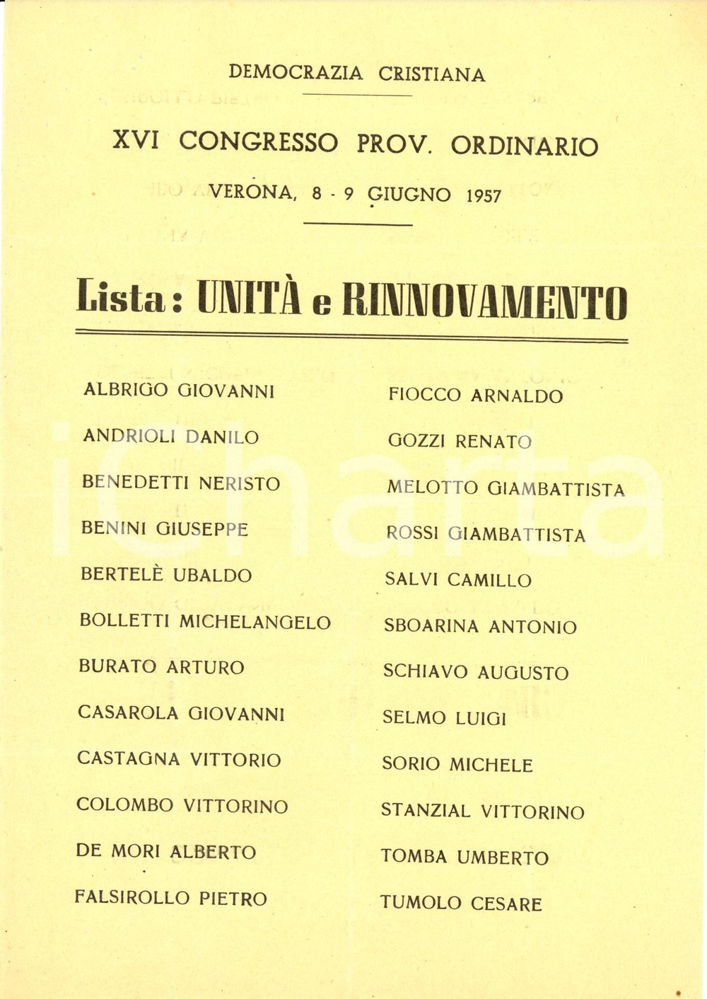 Materiale pubblicitario d’epoca 1957 VERONA XVI Congresso Provinciale DC Lista Unità e rinnovamento Manifestino 1