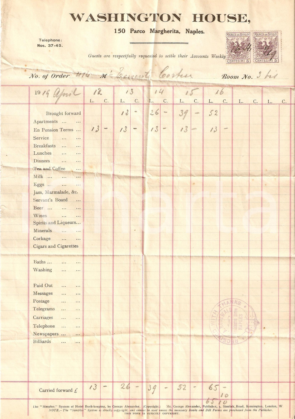 Documento originale, autentico 1919 NAPOLI Hotel WASHINGTON HOUSE Albergo Fattura 1
