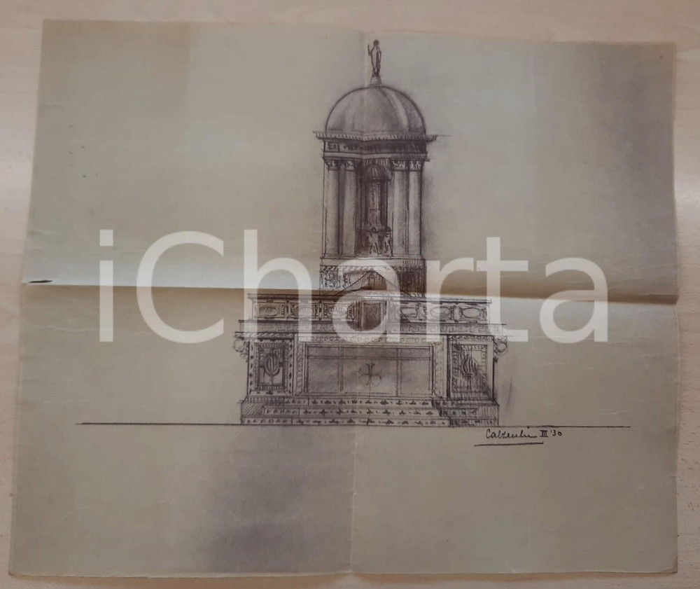 Mappa, planimetria storica 1930 CERTOSA DI MILANO Progetto altare maggiore  Arch. Carlo CALZECCHI 1
