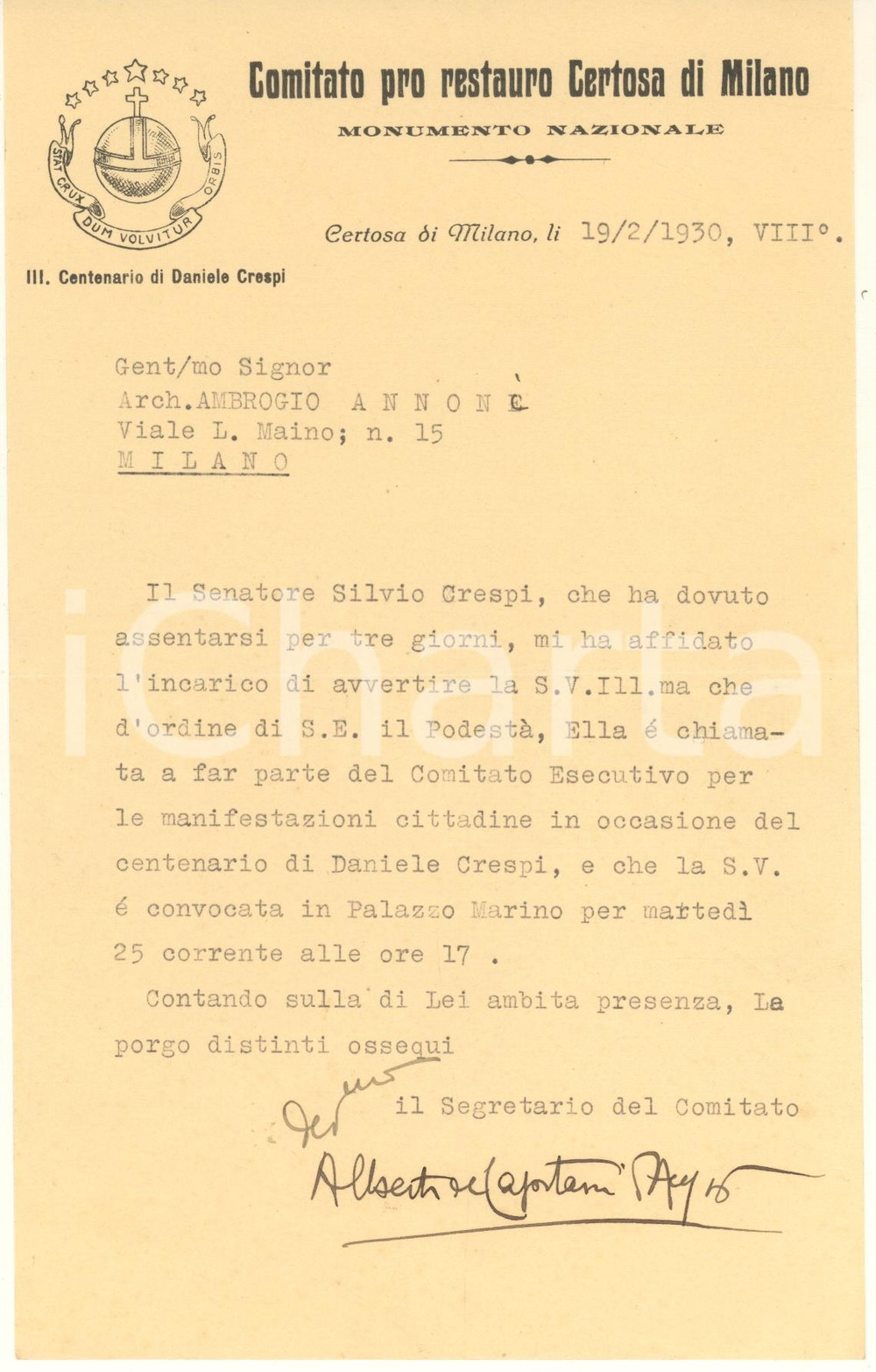 Autografo originale 1930 CERTOSA DI MILANO Lettera Alberto DE CAPITANI D ARZAGO  AUTOGRAFO 1