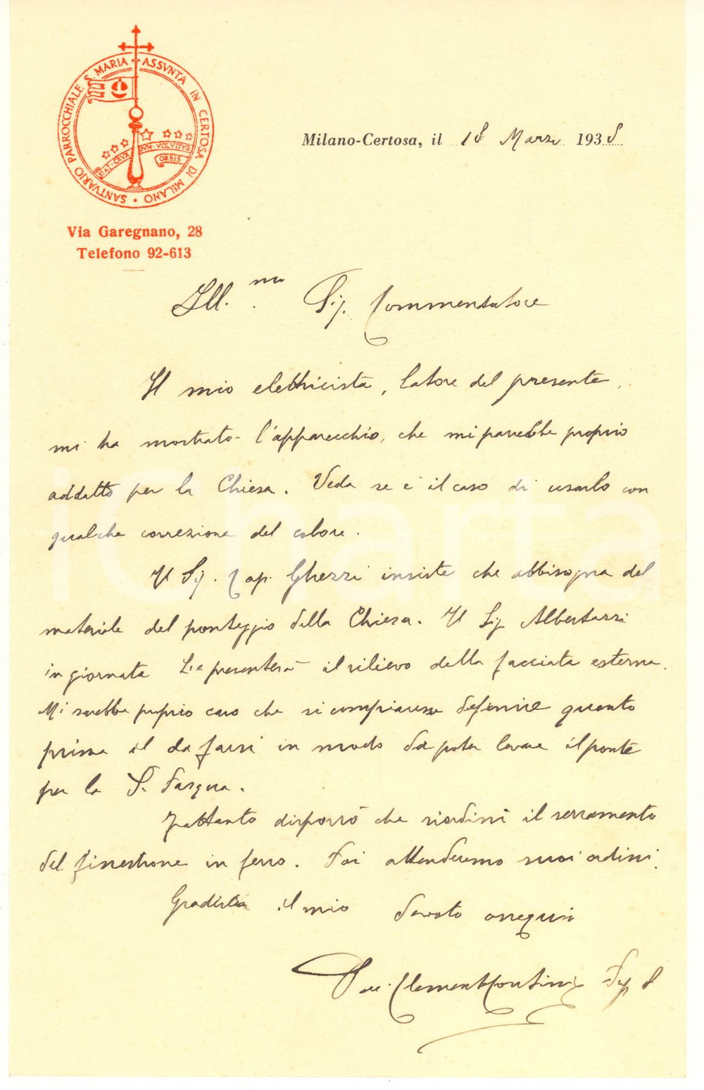 1938 CERTOSA DI MILANO Lettera don Clemente CONTINI su restauri - AUTOGRAFO Lettera originale d'epoca, interamente autografa del parroco della Certosa di Milano. Don Clemente Contini chiede di verificare alcuni lavori per arrivare a una conclusione prima della Pasqua..Su carta intestata. CONDIZIONI:FAIR/discreto piegatura centrale d'epoca; lieve piegatura angolareFORMATO: 14x23 cm originale e autentica 1