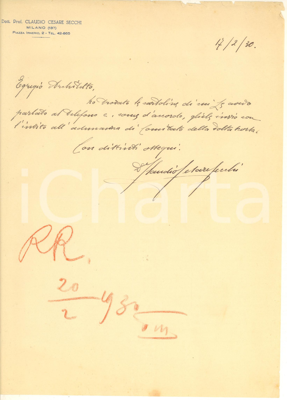 Autografo originale 1930 MILANO Lettera Claudio Cesare SECCHI  Invito a una riunione AUTOGRAFO 1
