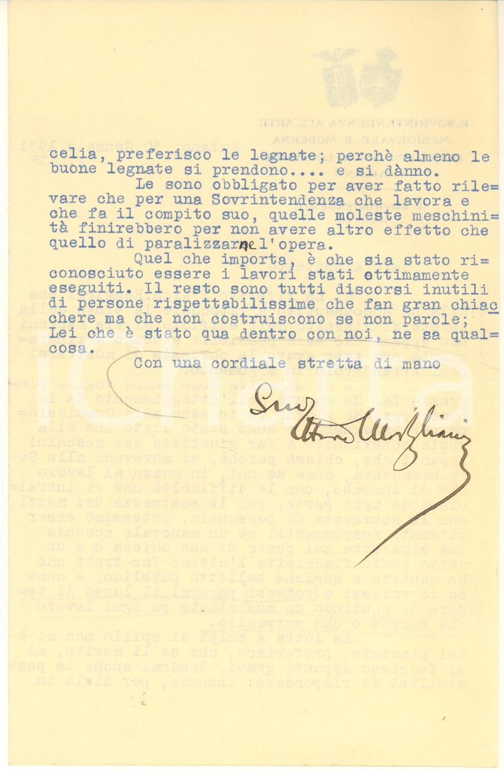 Autografo originale 1931 MILANO Lettera Ettore MODIGLIANI sul cantiere della Certosa AUTOGRAFO 1